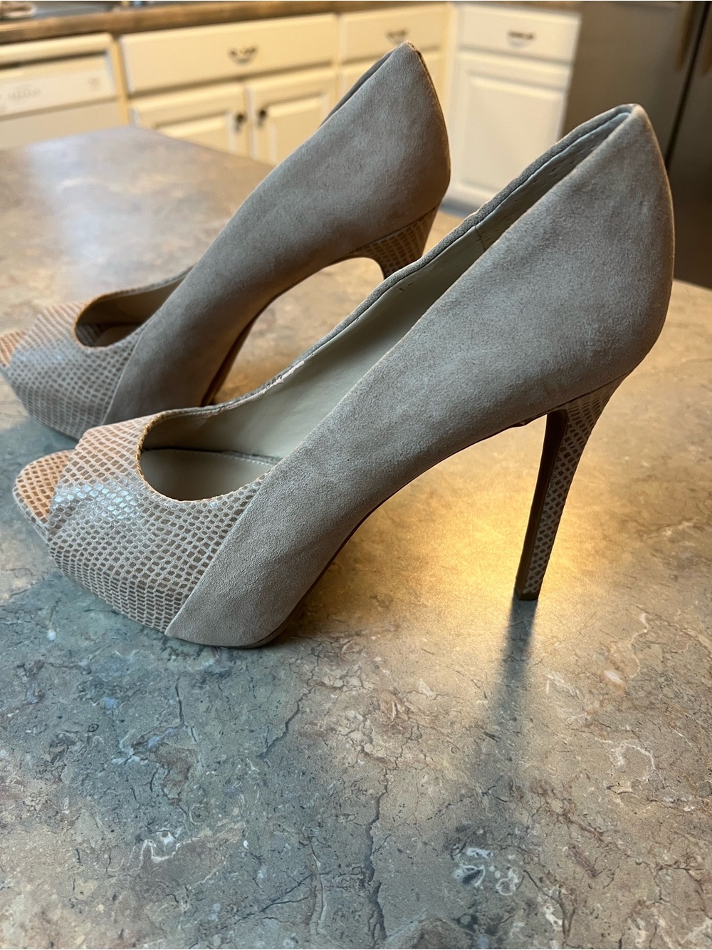 Jessica Simpson Taupe Suede & Snakeskin Peep-Toe Heels